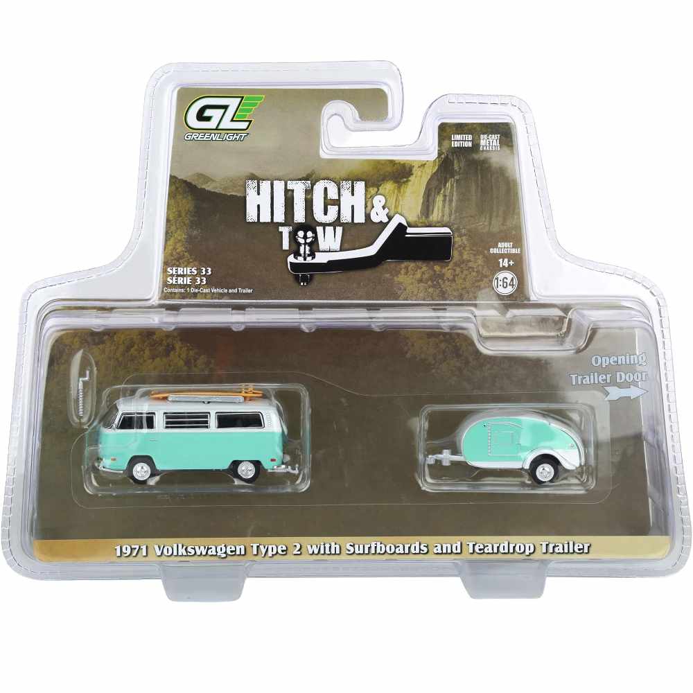 Greenlight | 1971 Volkswagen Type 2 with surf boards and caravan turquoise/white