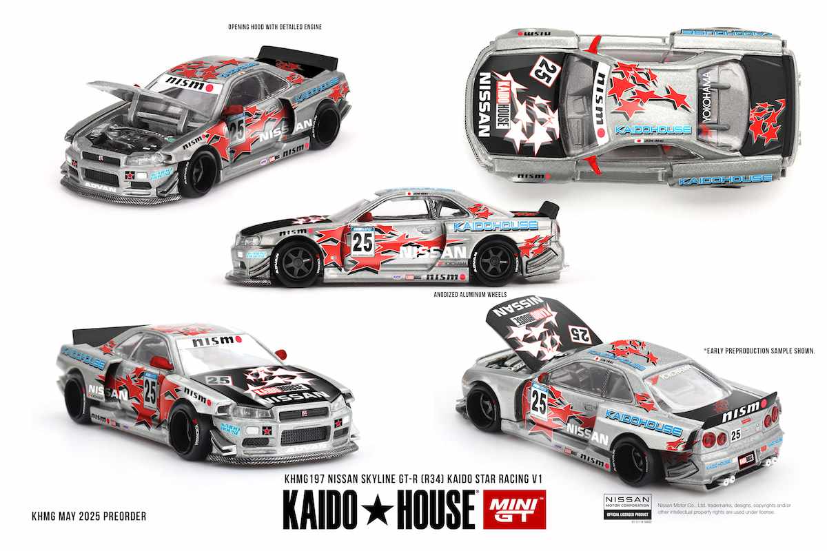 MiniGT x Kaido House | Nissan Skyline GT-R (R34) Kaido Star Racing V1 silber