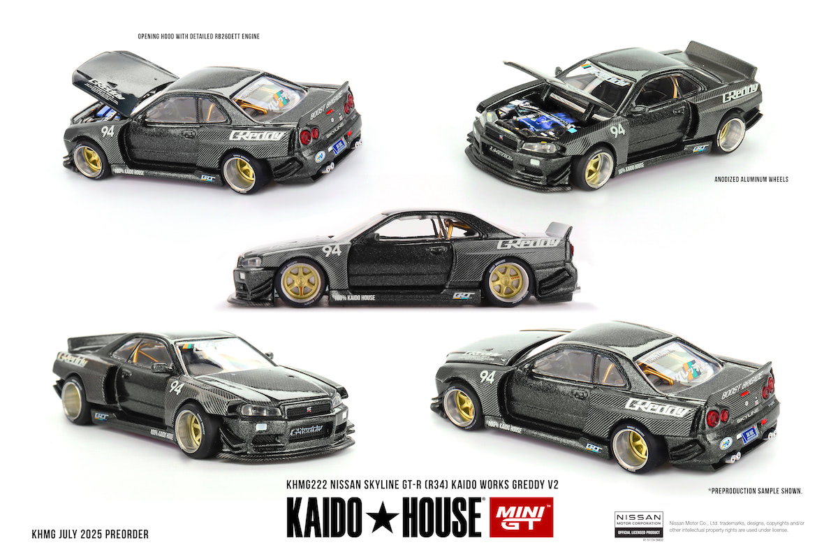 MiniGT x Kaido House | Nissan Skyline GT-R (R34) Kaido Works GReddy V2 grau