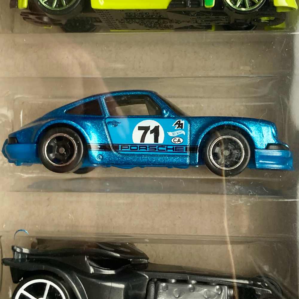 Hot Wheels | 3-Pack: Monoposto Yellow Green, '71 Porsche 911 Metalflake Blue, Ratical Racer Dark Grey