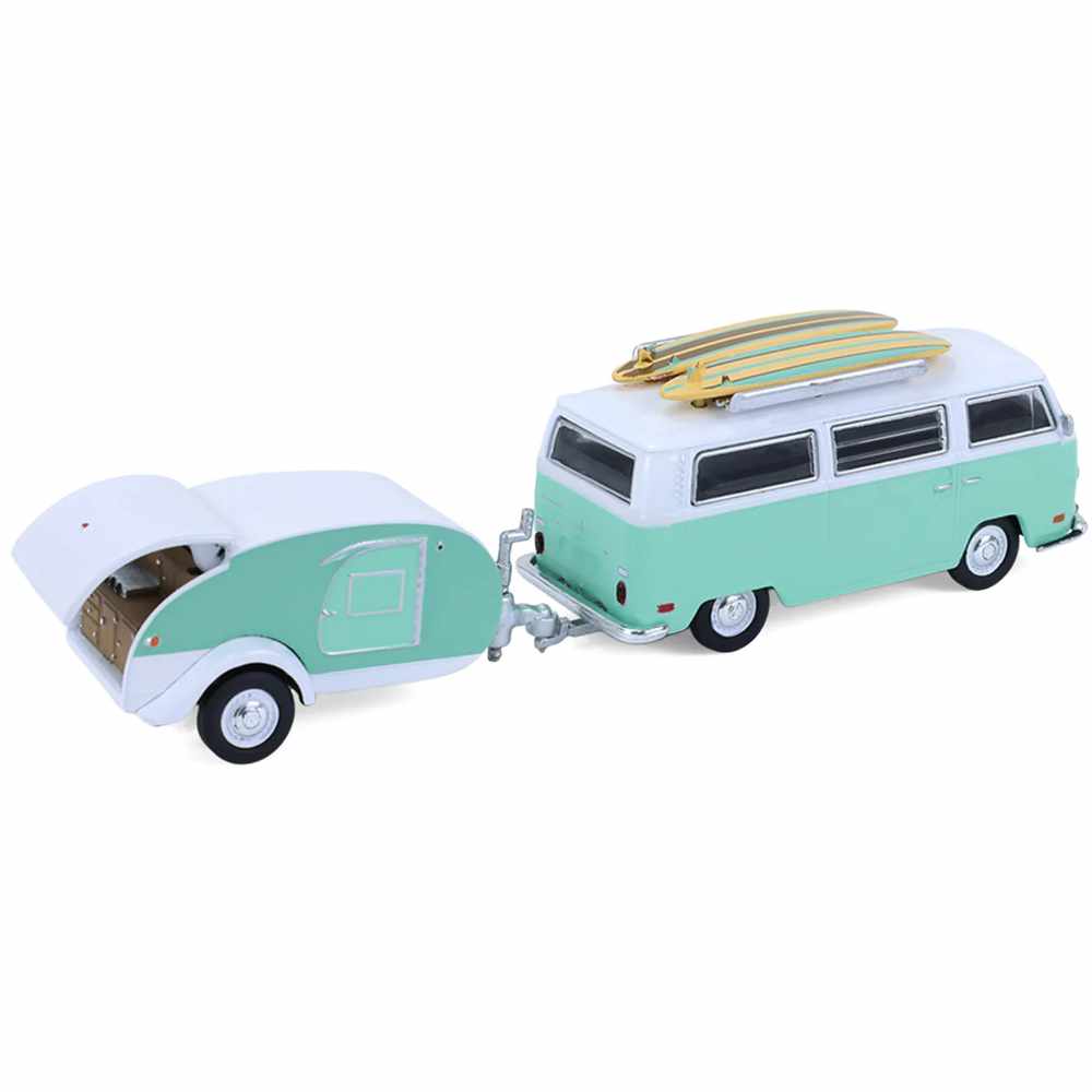 Greenlight | 1971 Volkswagen Type 2 with surf boards and caravan turquoise/white