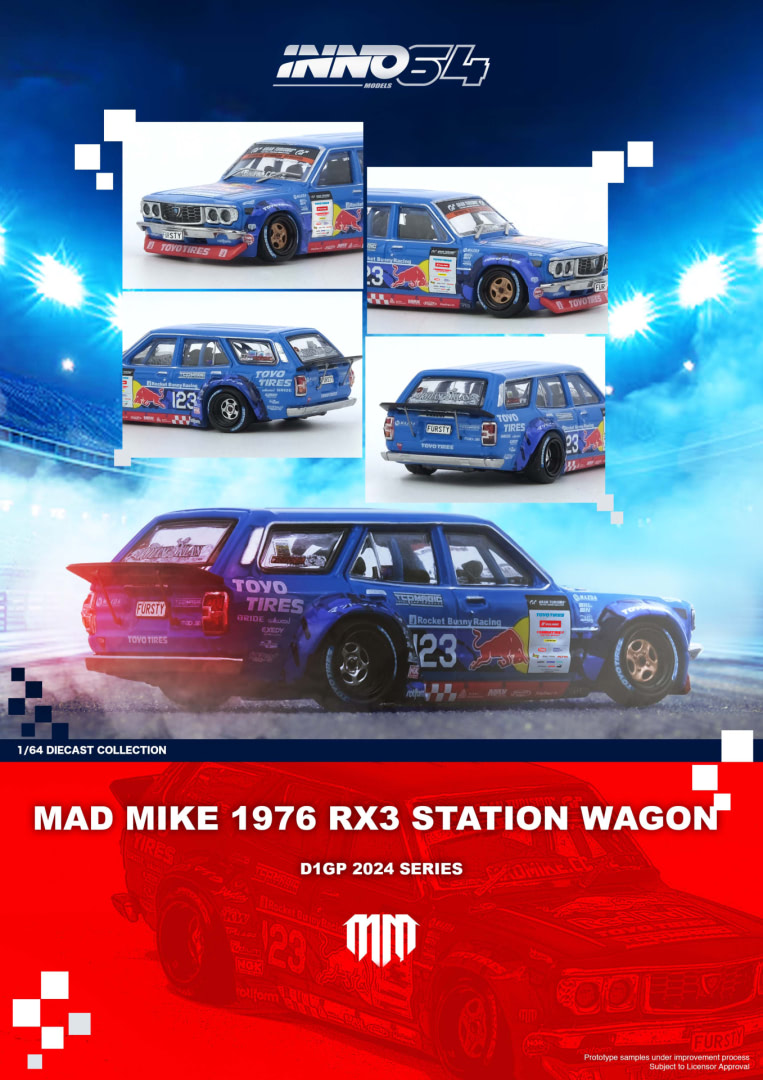 INNO64 Models | 1976 Mazda RX3 Mad Mike Station Wagon D1GP Serie 2024 blau